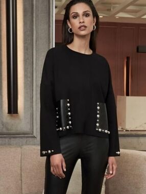 Joseph Ribkoff Faux Leather Boxy Studded Top Style 213000 Black Size 4